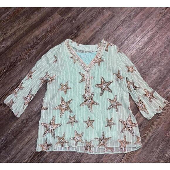 Soft Surroundings Green Beach Boho Starfish Embroidered Beaded Tunic Tank Set XL - Picture 1 of 14